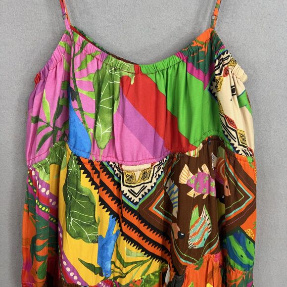 Farm Rio Dress Womens Large Bright Palila Fringed Midi Tropical Boho Beaded Loud - Picture 12 of 16